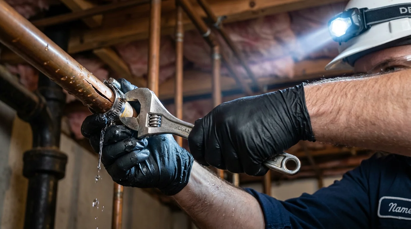 Emergency pipe clamp repair being performed by a Johns Plumbing LLC plumber in Rotan