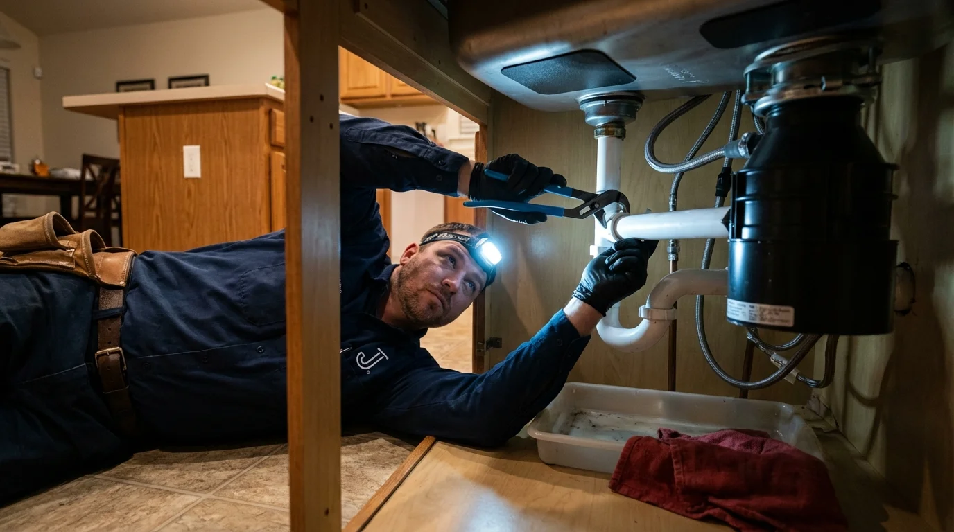 P-trap and supply line connections under a kitchen sink showing a common leak point in Rotan, TX
